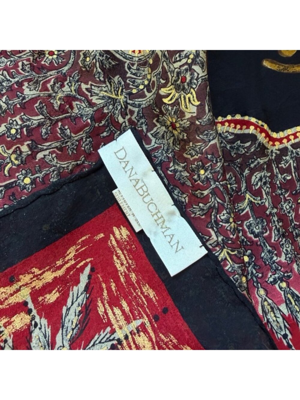 Vintage Large Silk Scarf 90s Ornate Geometric Print Gold Details Dana Buchman - Picture 3 of 4